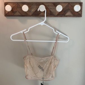 Nude, beaded top/pant bathing suit cover up.